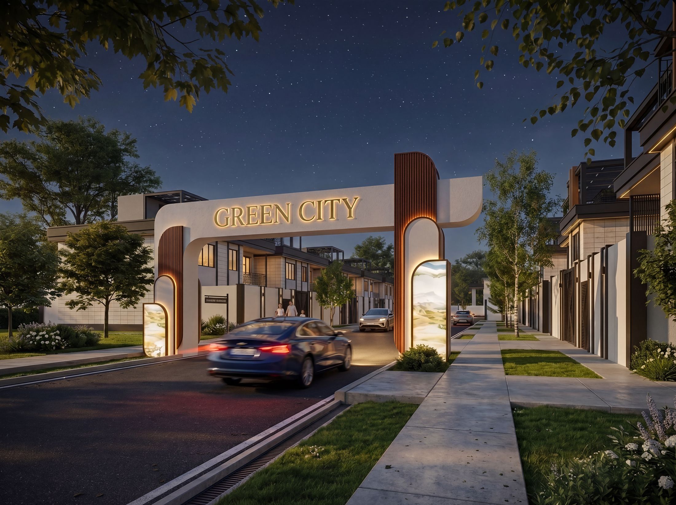 Green City gateway at night with a car driving in