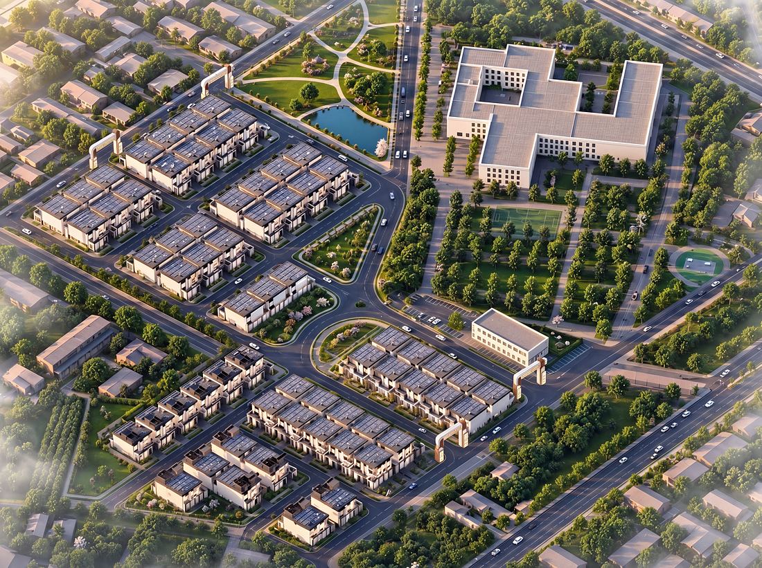 Aerial view of the community and school