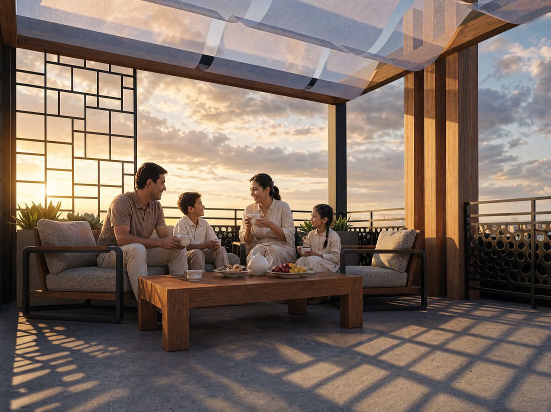 Family on a shaded terrace