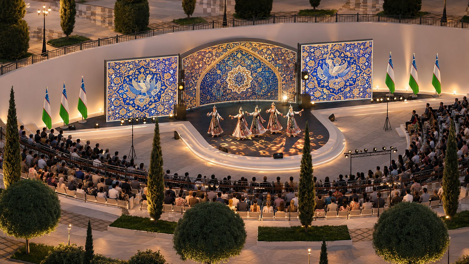 Festival stage at night with dancers and crowd