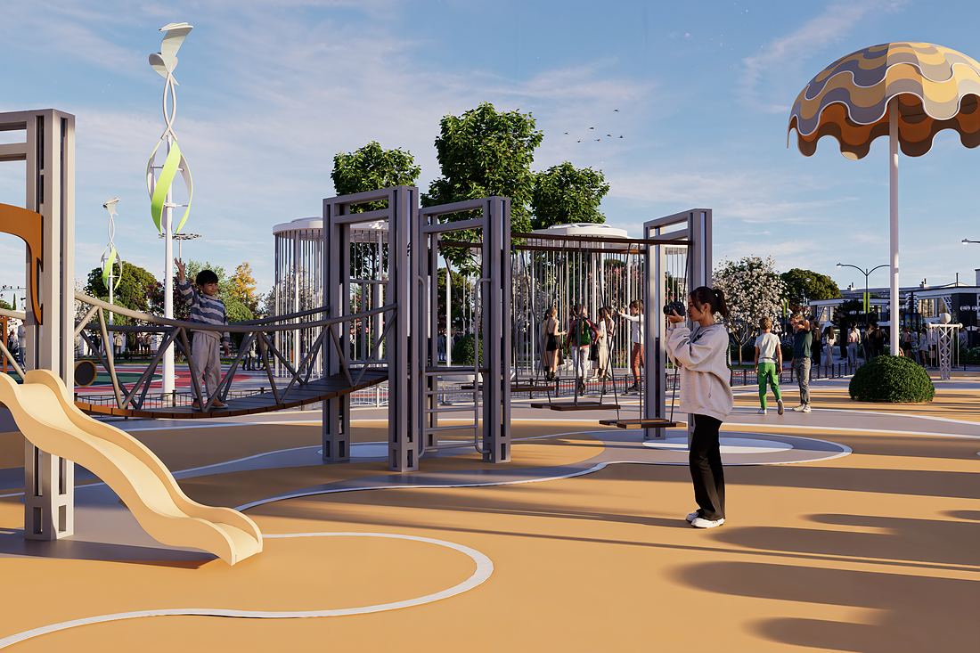 Playground with slides and climbing frames