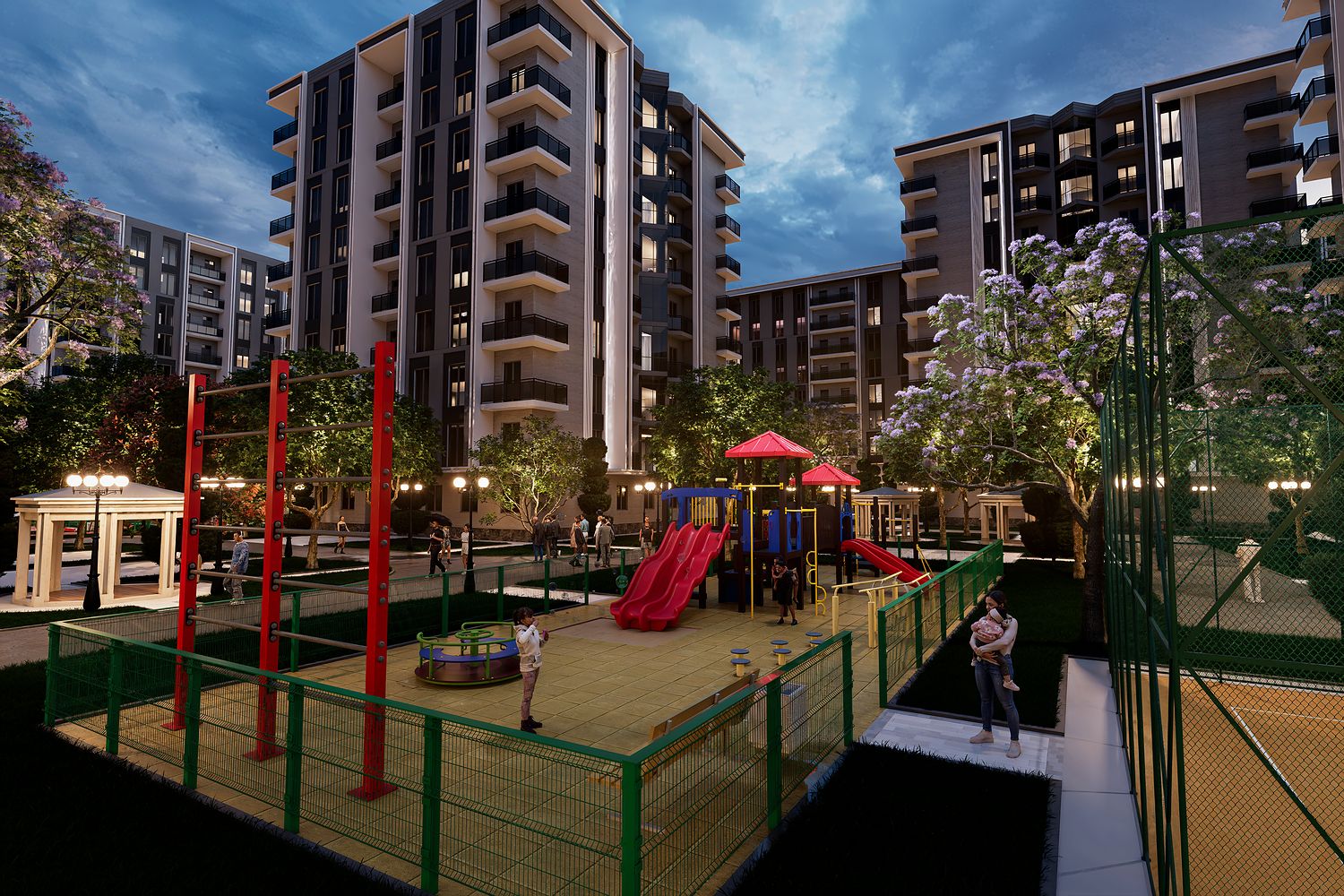 Courtyard playground lit at dusk