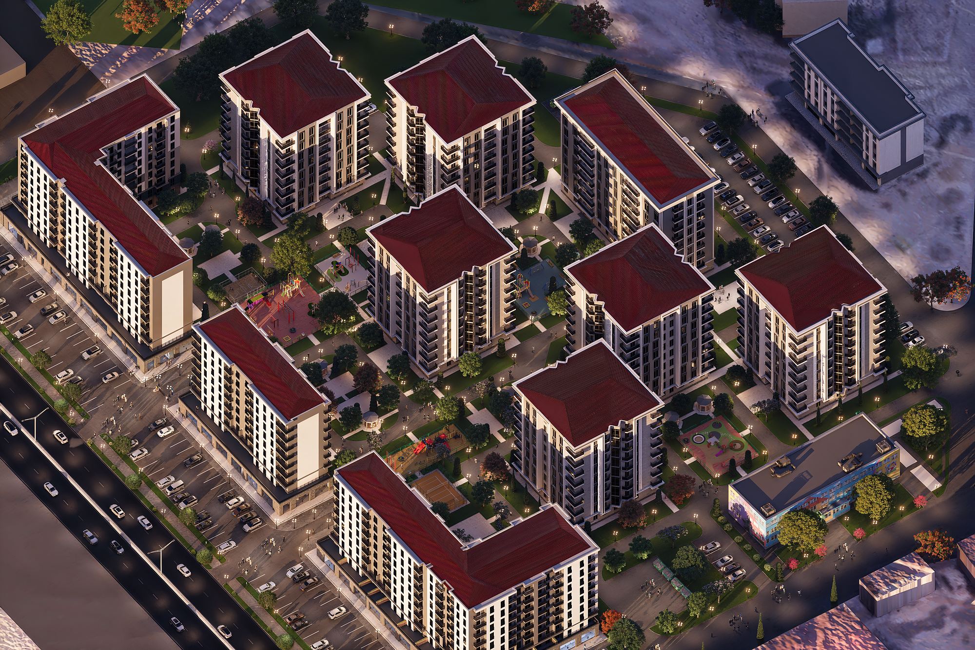 Night aerial of the residential blocks with red roofs