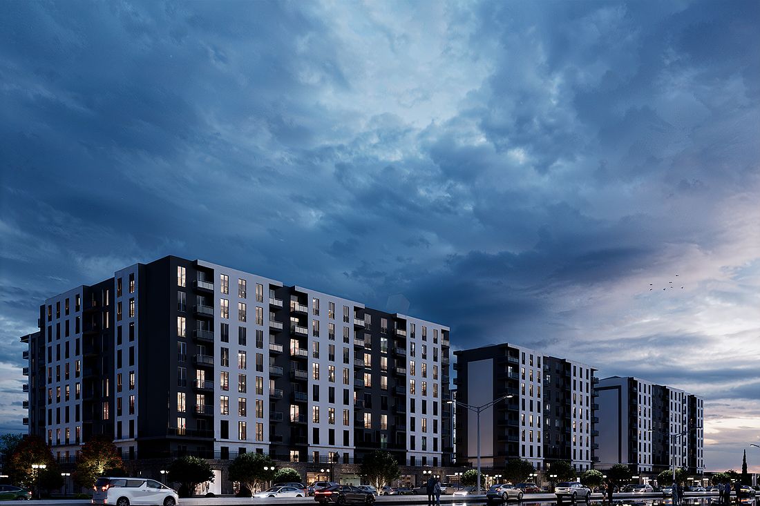 Blocks under a dramatic evening sky