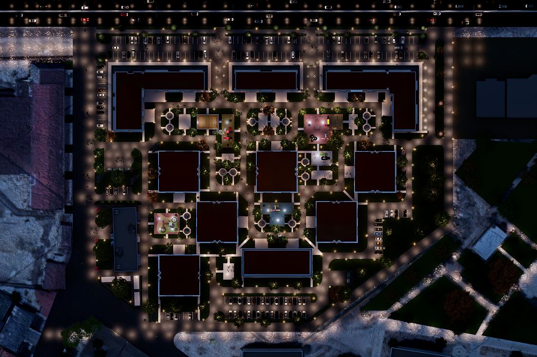 Top-down night view of the courtyards