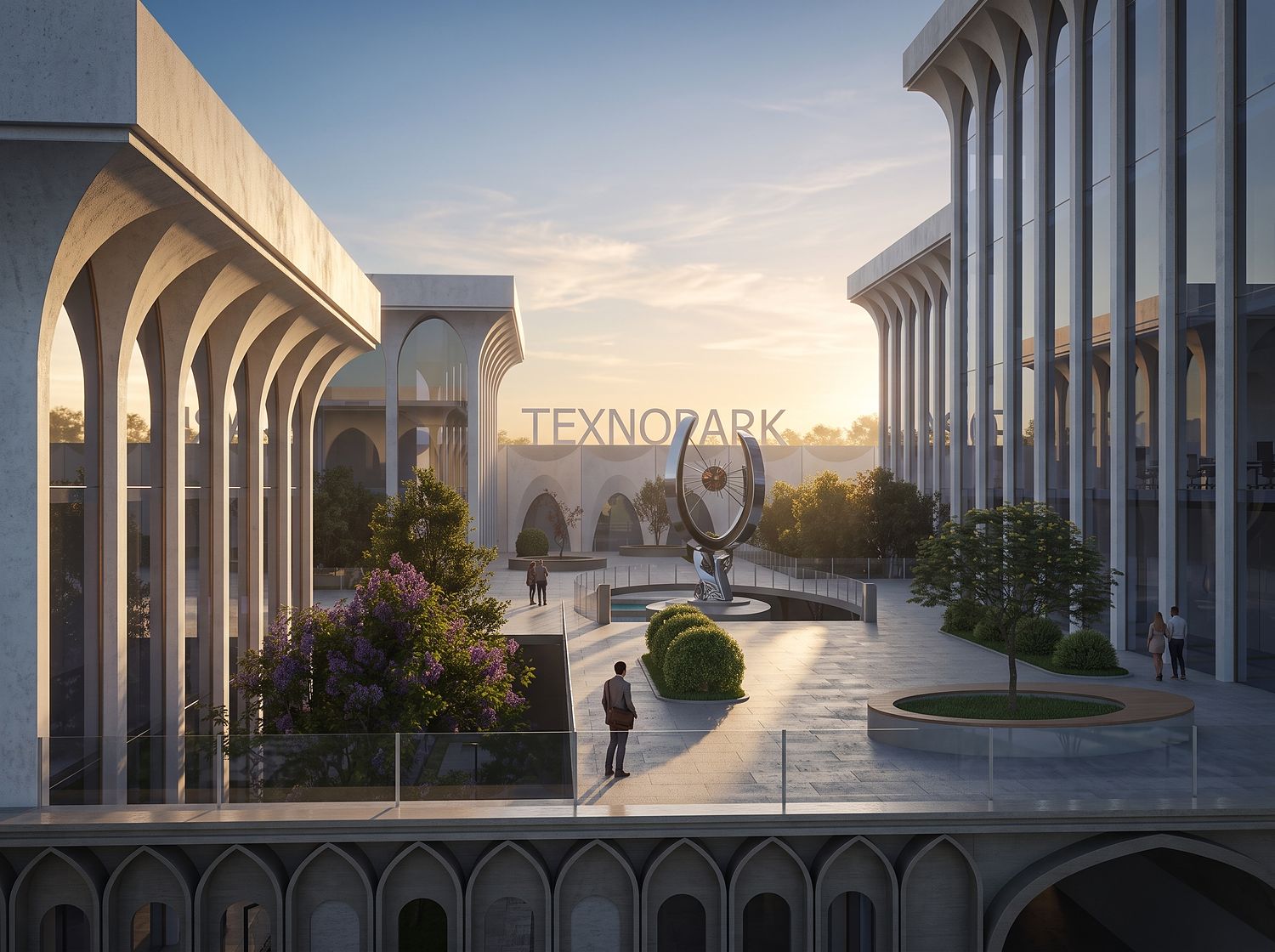 Courtyard between arched buildings at dawn