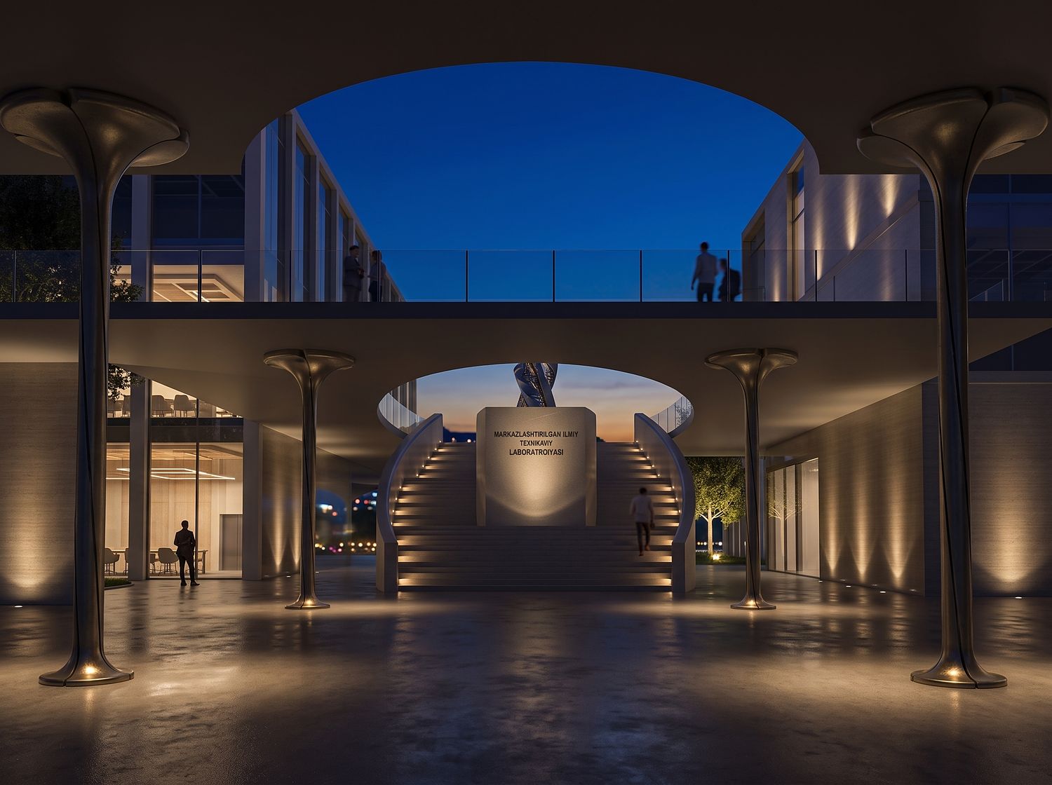 Colonnade and plaza lit at night