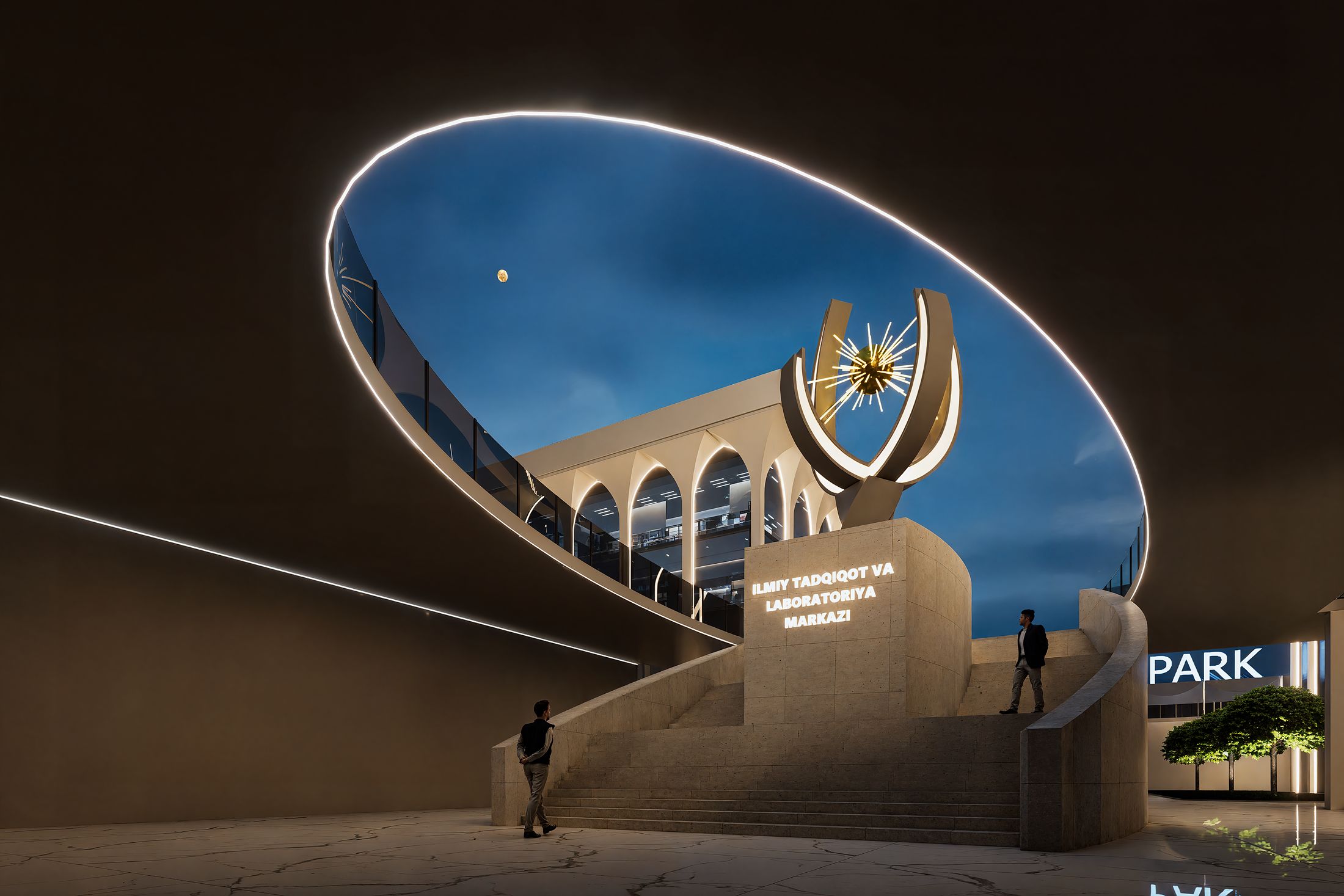 Illuminated ring and monument at night