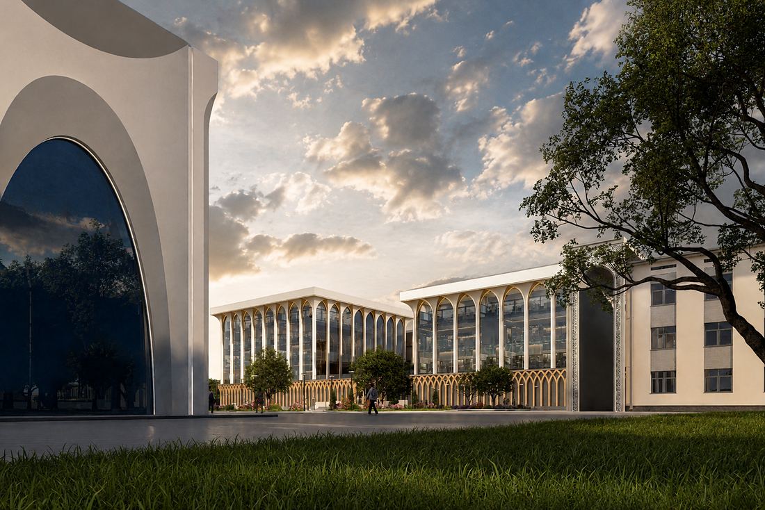 Arch framing the campus buildings
