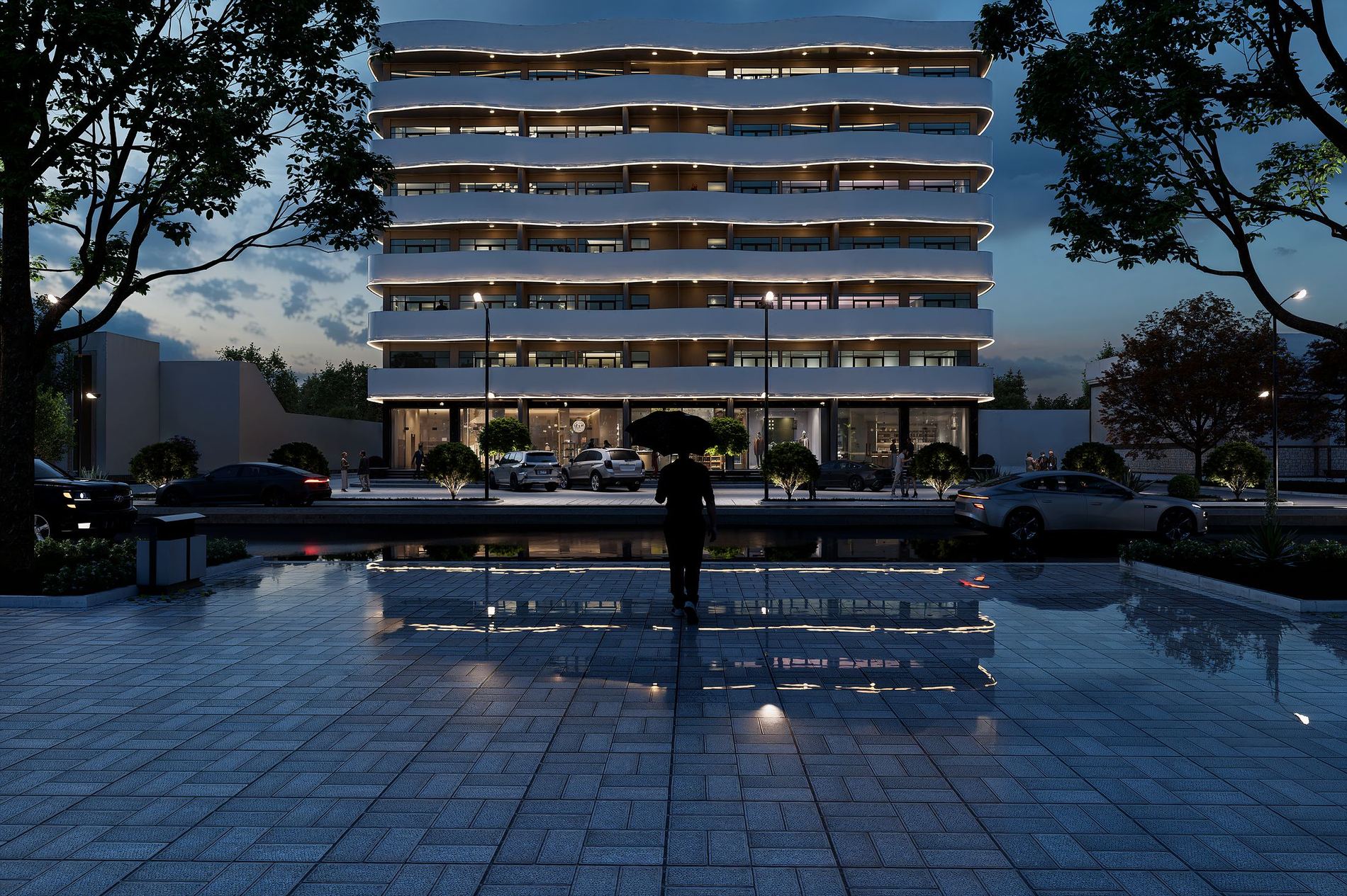 The tower reflected in water at night